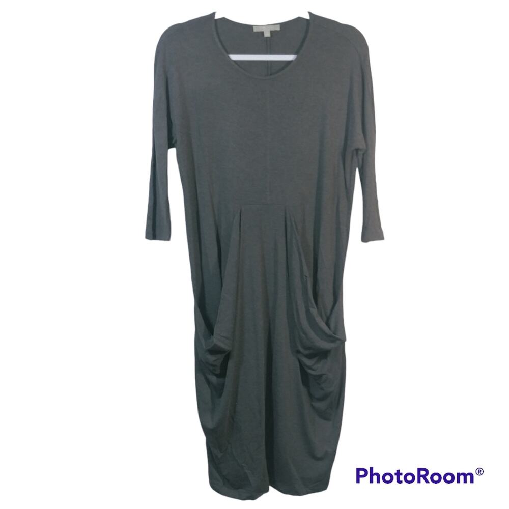 Joan Vass Gray Drape Pockets Lagenlook Stretch Dress 3/4 Sleeve Size Small